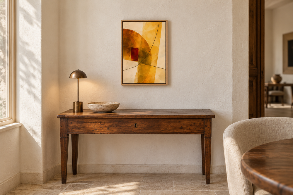 Honeyed Light in Amber Planes in a Natural float frame above a walnut console — styled room visualisation; furnishings not included.