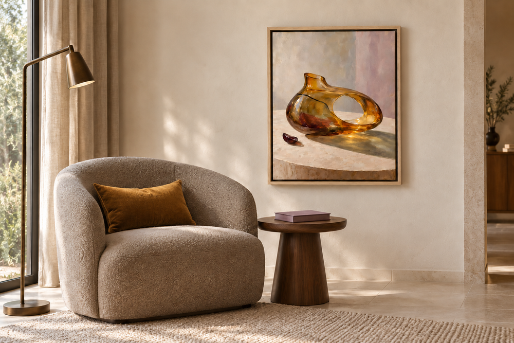 Amber Vessel of Absence in a Natural float frame with amber velvet and dusty-plum linen. Room scale: 40.6 × 50.8 cm artwork (16 × 20 in). A styled room visualisation; furnishings not included.
