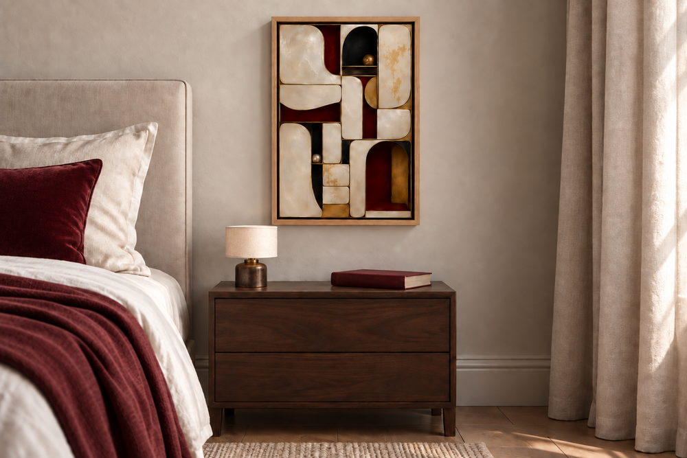 Atelier — Pearl & Oxblood in a Natural float frame with oxblood velvet and burgundy linen. Room scale: 30.5 × 45.7 cm artwork (12 × 18 in). A styled room visualisation; furnishings not included.