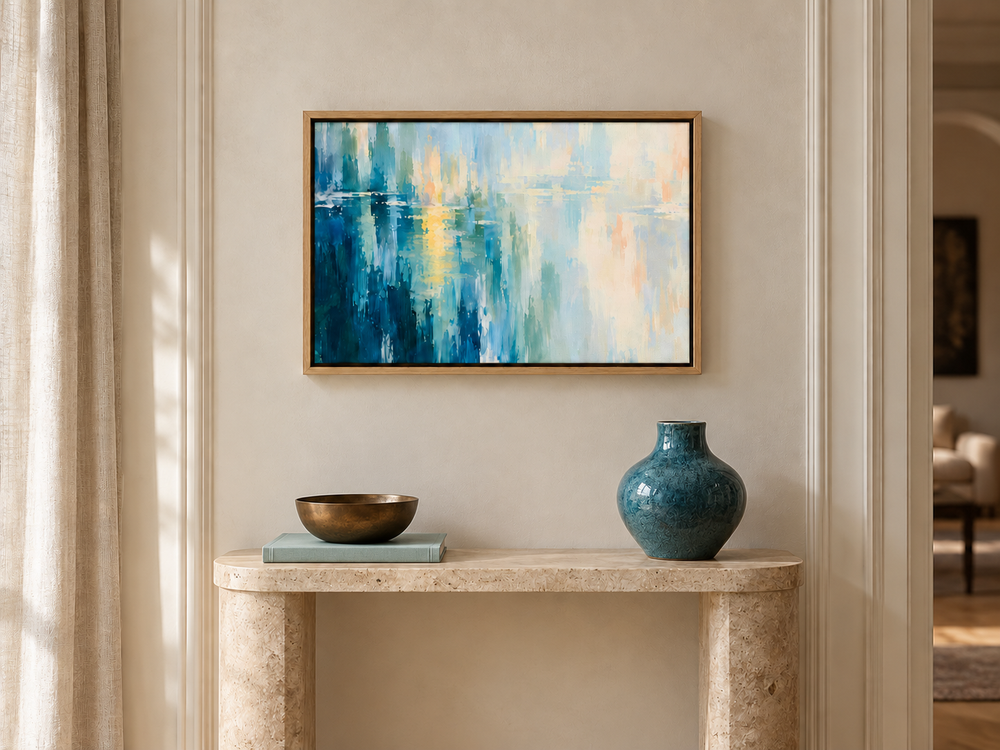 Bellagio Blue Hour in a Natural float frame with teal ceramic, pale aqua linen and bronze accents. Room scale: 45.7 × 30.5 cm artwork (18 × 12 in). A styled room visualisation; furnishings not included.
