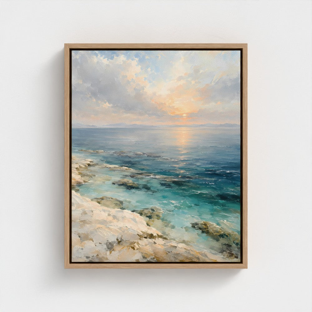 Coastal Light — Natural float-framed canvas, 16 × 20 in; product preview.