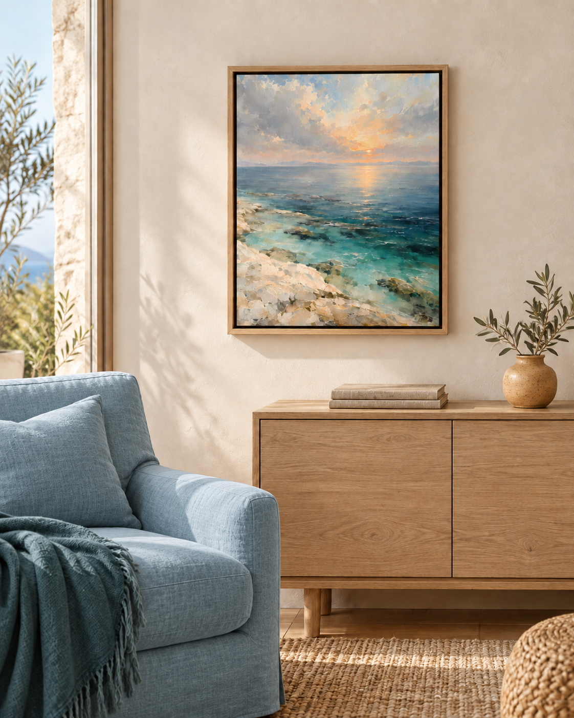 Coastal Light in a Natural float frame with sea-blue upholstery, teal linen and sandy ochre ceramic. Room scale: 40.6 × 50.8 cm artwork (16 × 20 in). A styled room visualisation; furnishings not included.