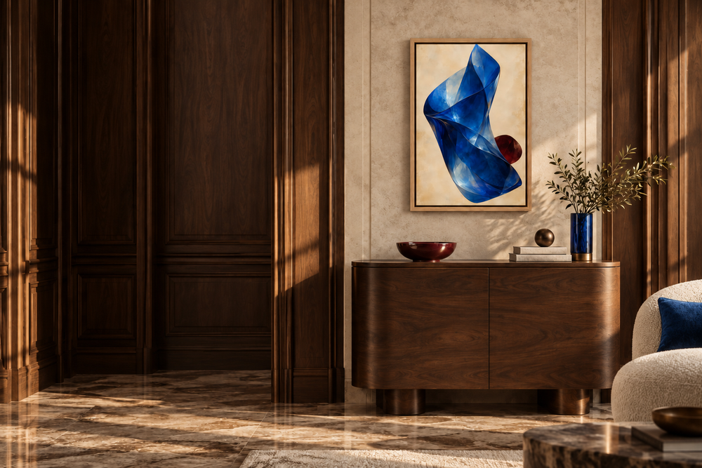 Cobalt Fold in a Natural float frame in a walnut and limestone salon with sapphire and oxblood accents. Room scale: 40.6 × 61 cm artwork (16 × 24 in). A styled room visualisation; furnishings not included.