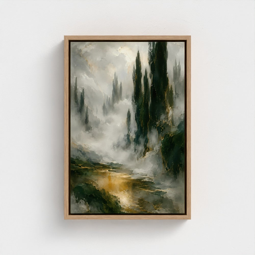 Cypress Mist, 12 × 18 inch portrait landscape artwork in a natural float frame; product preview.