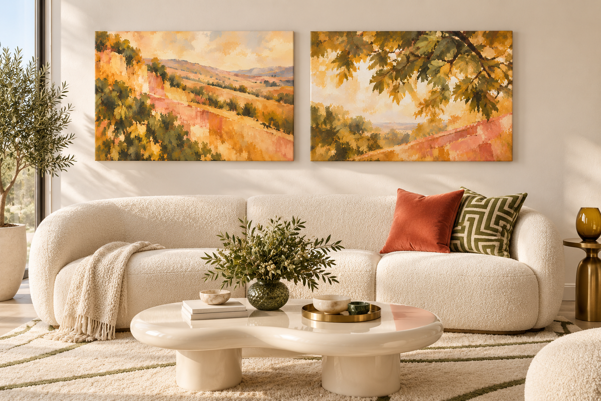 Golden Canopy: Golden Périgord I on the left and Golden Périgord II on the right, two distinct 36 × 24 inch stretched canvases above an ivory sofa. Styled room visualisation.