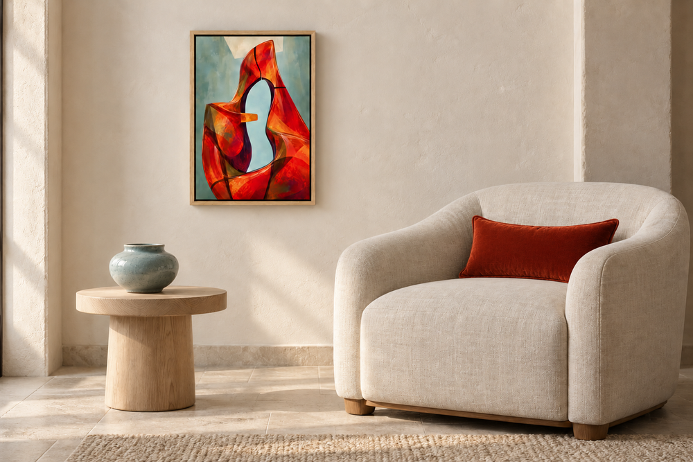 Lacuna Rouge in a Natural float frame with vermilion velvet and smoky blue ceramic. Room scale: 30.5 × 45.7 cm artwork (12 × 18 in). A styled room visualisation; furnishings not included.