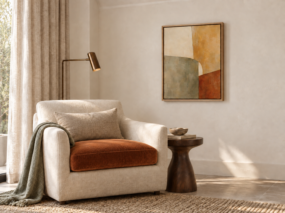 Offset Planes in Antique Glass in a Natural float frame with terracotta velvet and sage linen. Room scale: 40.6 × 50.8 cm artwork (16 × 20 in). A styled room visualisation; furnishings not included.