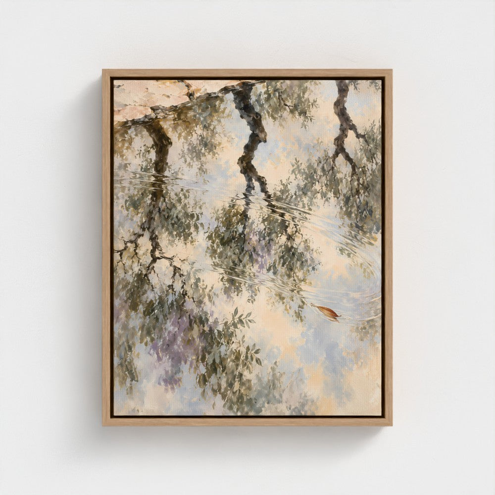 Olive Orchard After Rain — Natural float-framed canvas preview, portrait 16 × 20 in representative size.