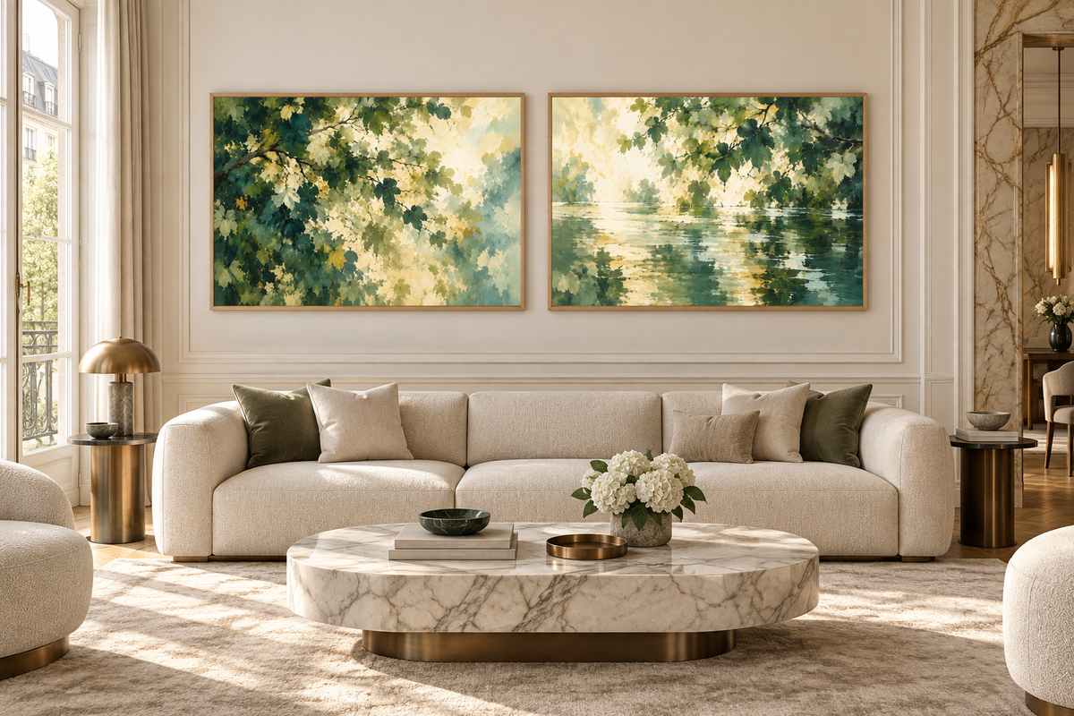 Linden Light gallery set, two complementary art prints displayed side by side in a luxury interior. Illustrative render; frames not included.