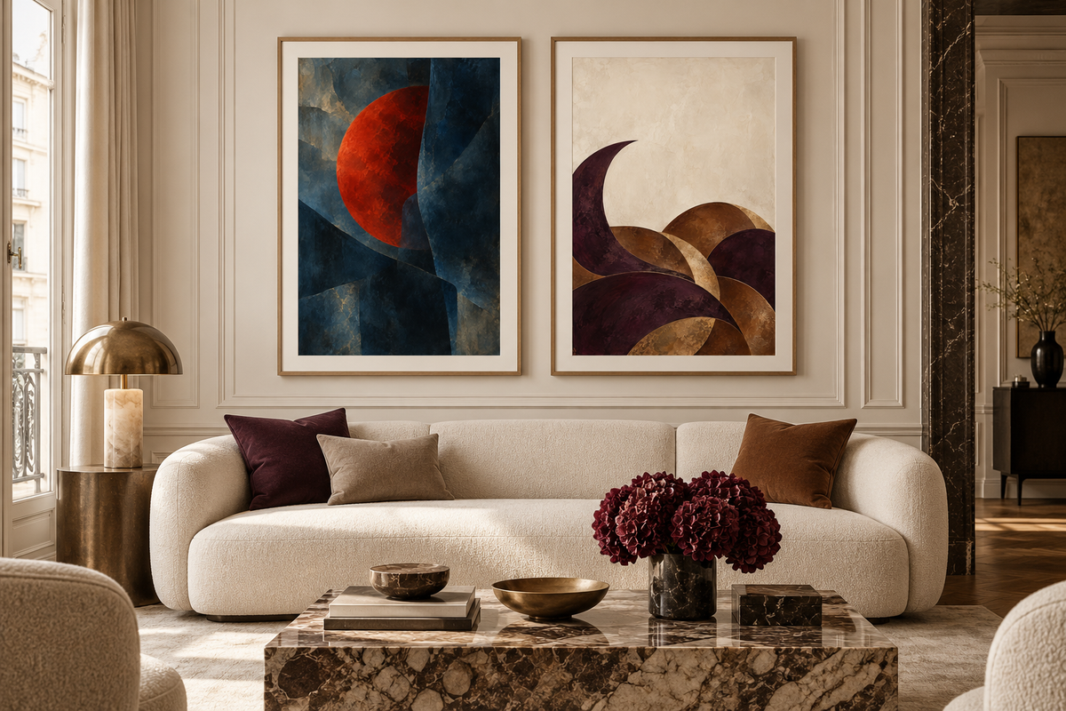 Evening Forms gallery set, two complementary art prints displayed side by side in a luxury interior. Illustrative render; frames not included.
