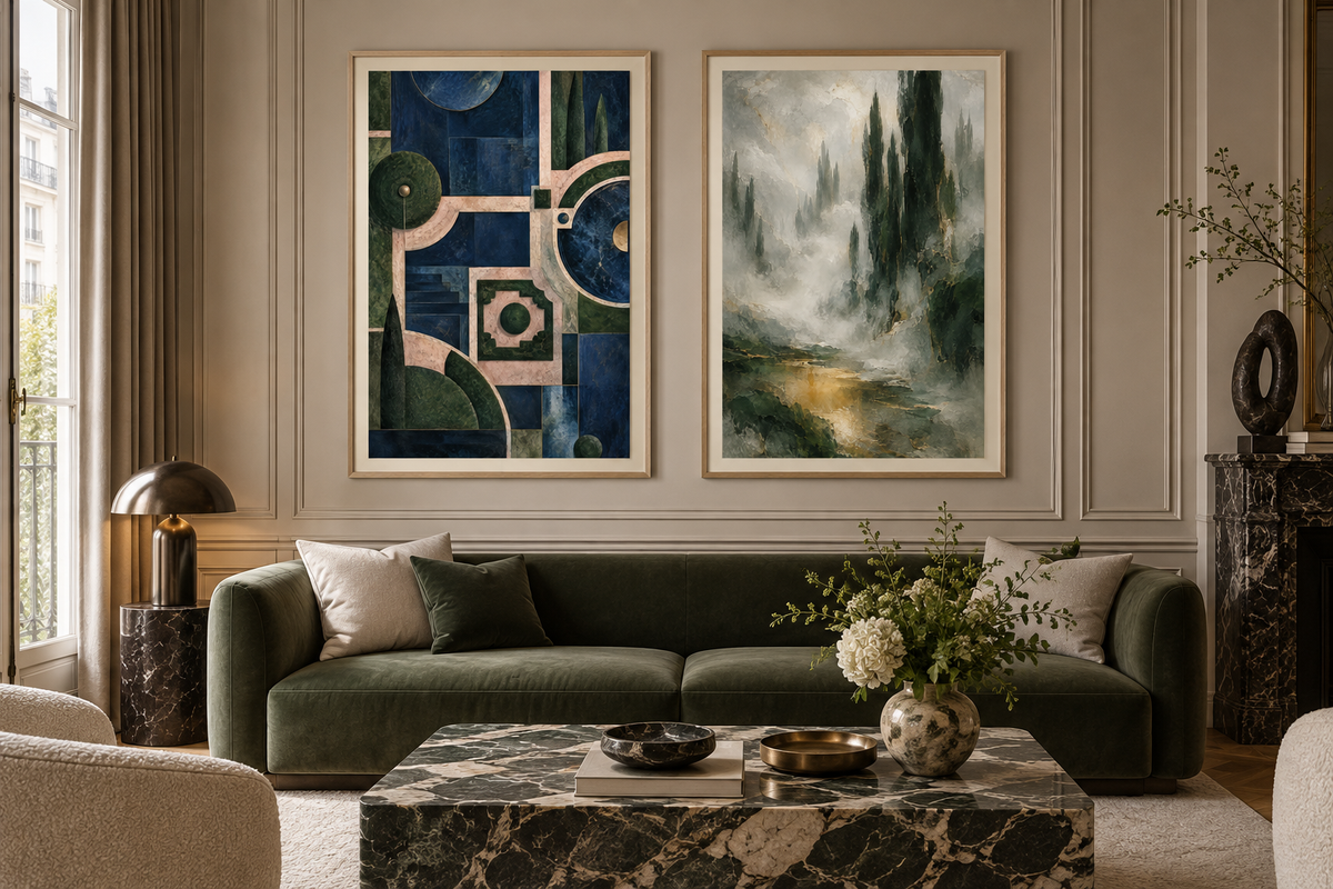 Garden Reverie gallery set, two complementary art prints displayed side by side in a luxury interior. Illustrative render; frames not included.
