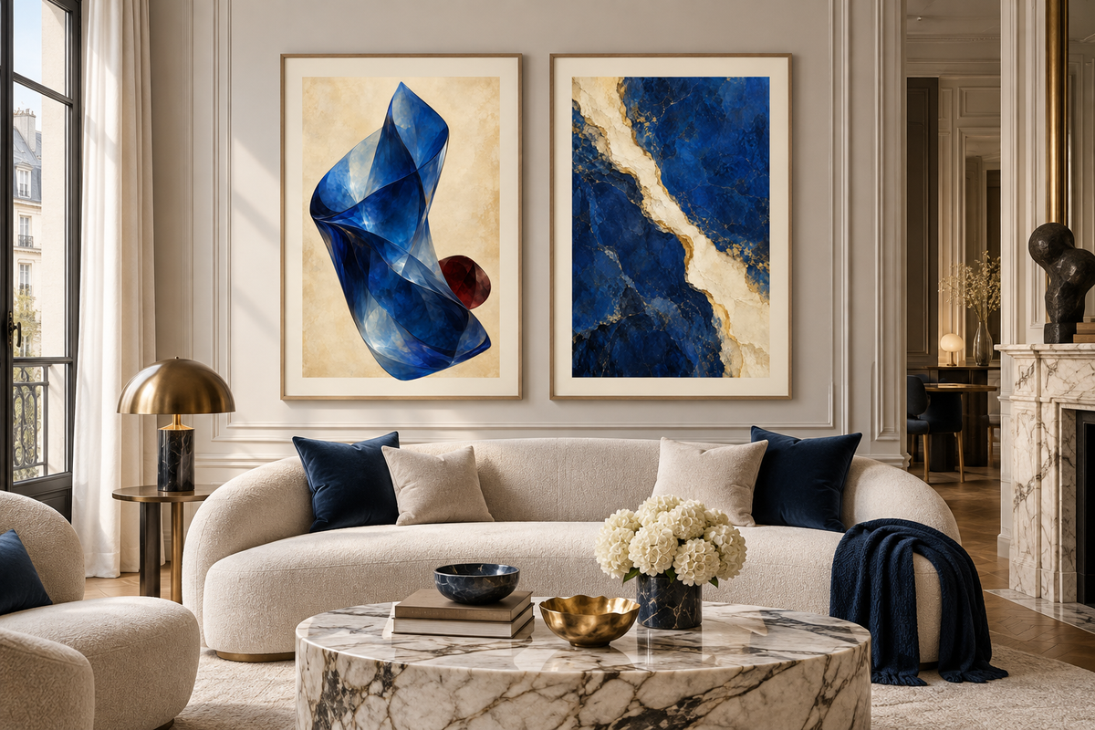 Jewel Blue gallery set, two complementary art prints displayed side by side in a luxury interior. Illustrative render; frames not included.