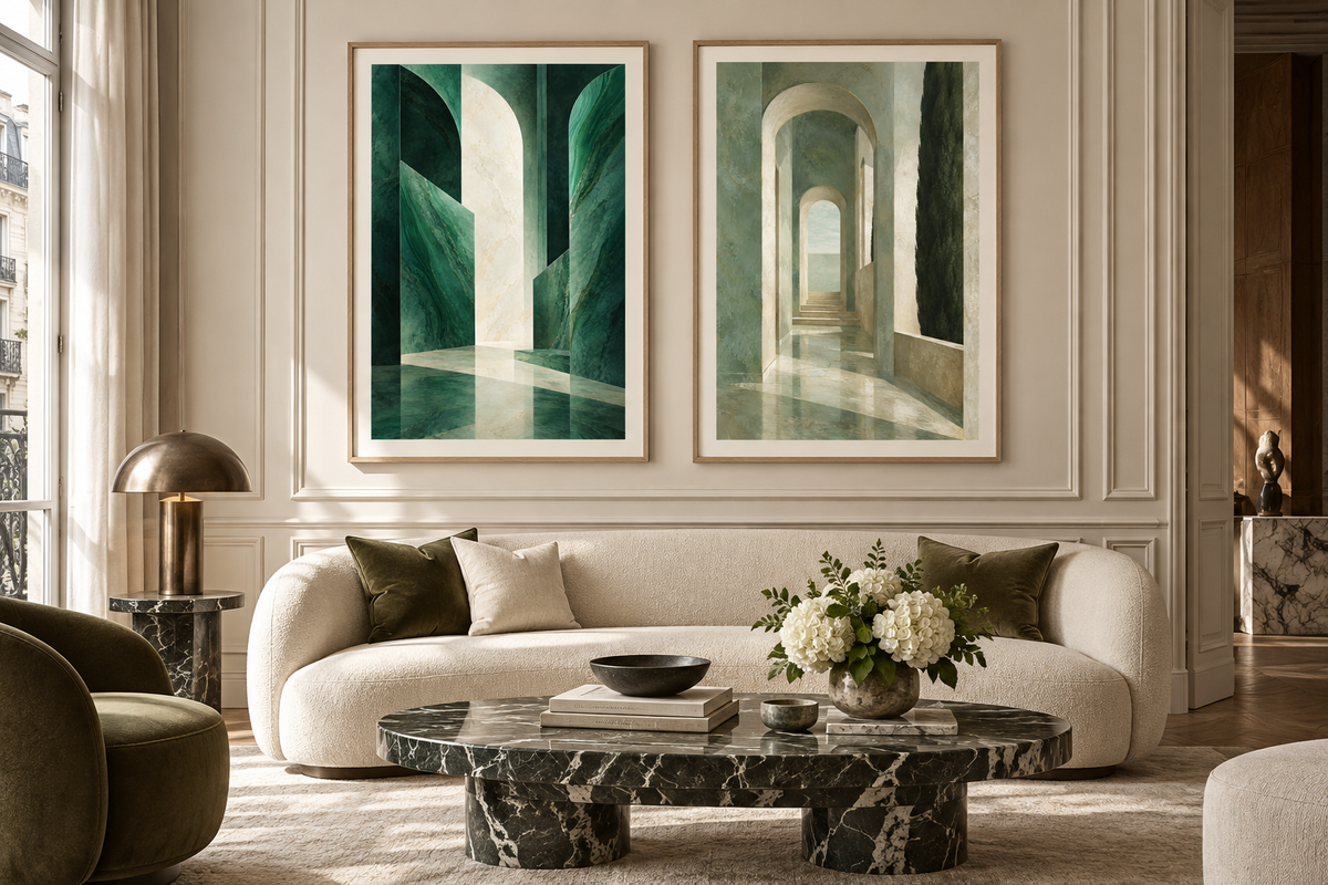 Quiet Architecture gallery set, two complementary art prints displayed side by side in a luxury interior. Illustrative render; frames not included.