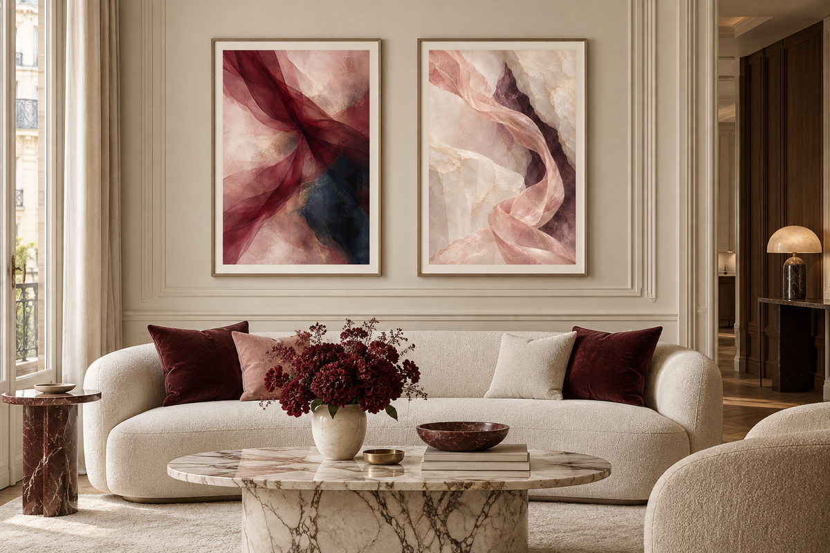 Rose & Velvet gallery set, two complementary art prints displayed side by side in a luxury interior. Illustrative render; frames not included.