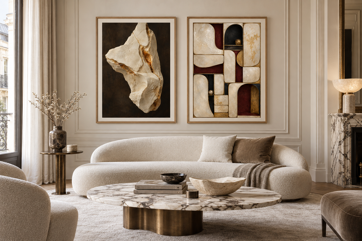 Sculpted Light gallery set, two complementary art prints displayed side by side in a luxury interior. Illustrative render; frames not included.