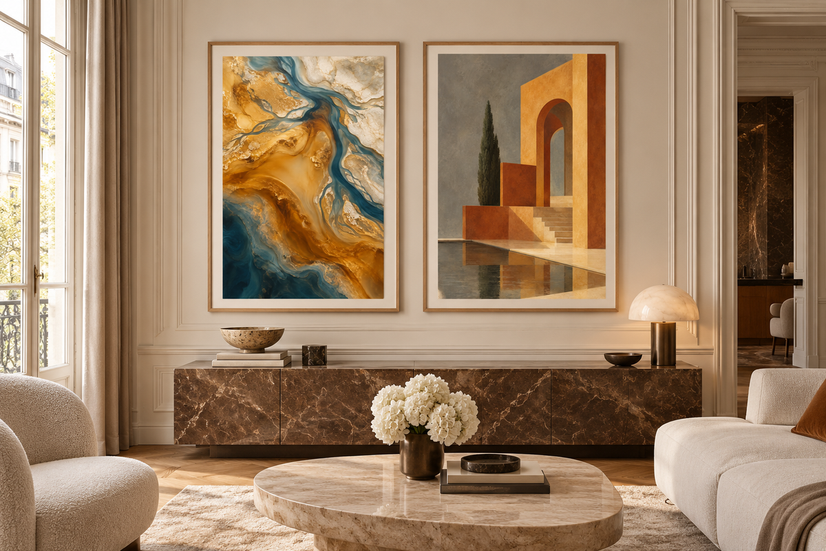 Sunlit Earth gallery set, two complementary art prints displayed side by side in a luxury interior. Illustrative render; frames not included.
