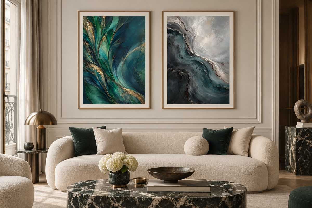 Tidal Greens gallery set, two complementary art prints displayed side by side in a luxury interior. Illustrative render; frames not included.