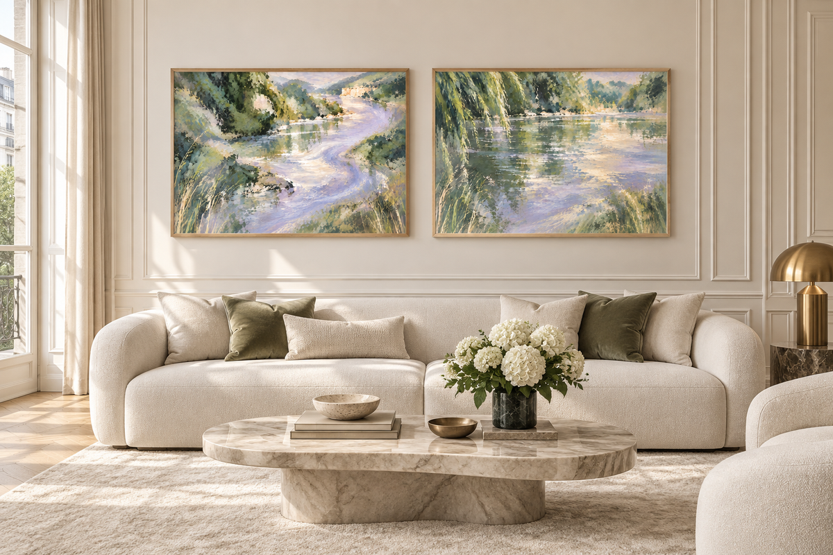 River Reverie gallery set, two complementary art prints displayed side by side in a luxury interior. Illustrative render; frames not included.