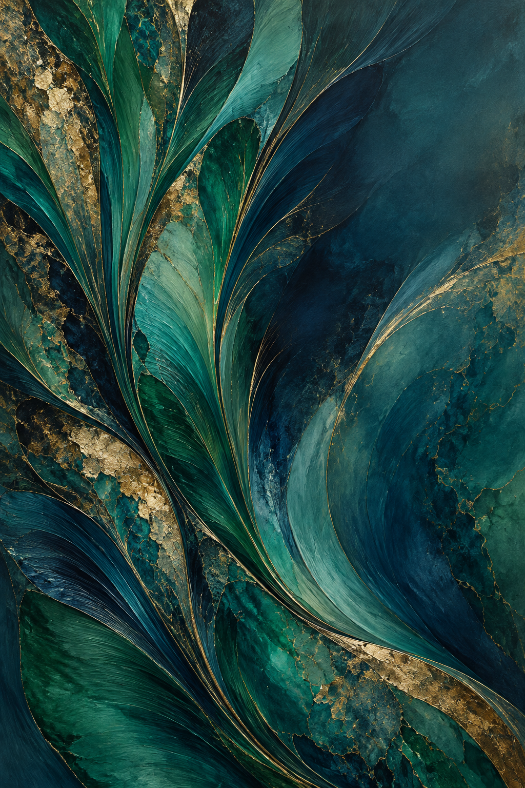 Plumage: Feather-like emerald and teal forms sweep through the composition, threaded with delicate gold-toned mineral details.