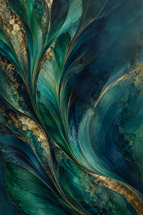 Plumage: Feather-like emerald and teal forms sweep through the composition, threaded with delicate gold-toned mineral details.