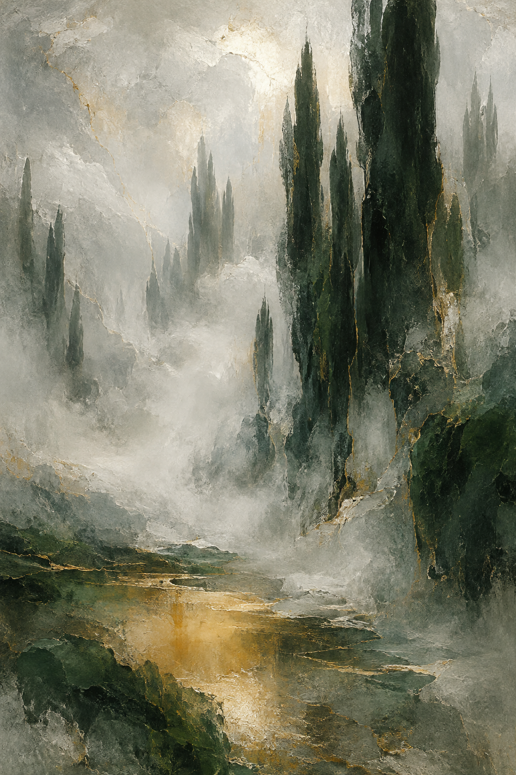 Cypress Mist — Green & Gold Landscape Wall Art