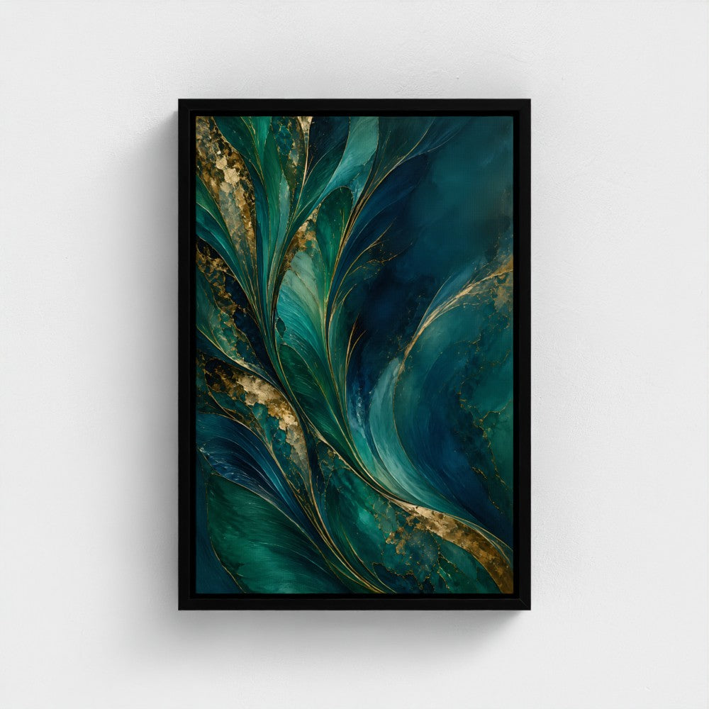 Plumage in a Black float frame — genuine Prodigi preview of the 12 × 18 in canvas; the external frame increases overall dimensions.