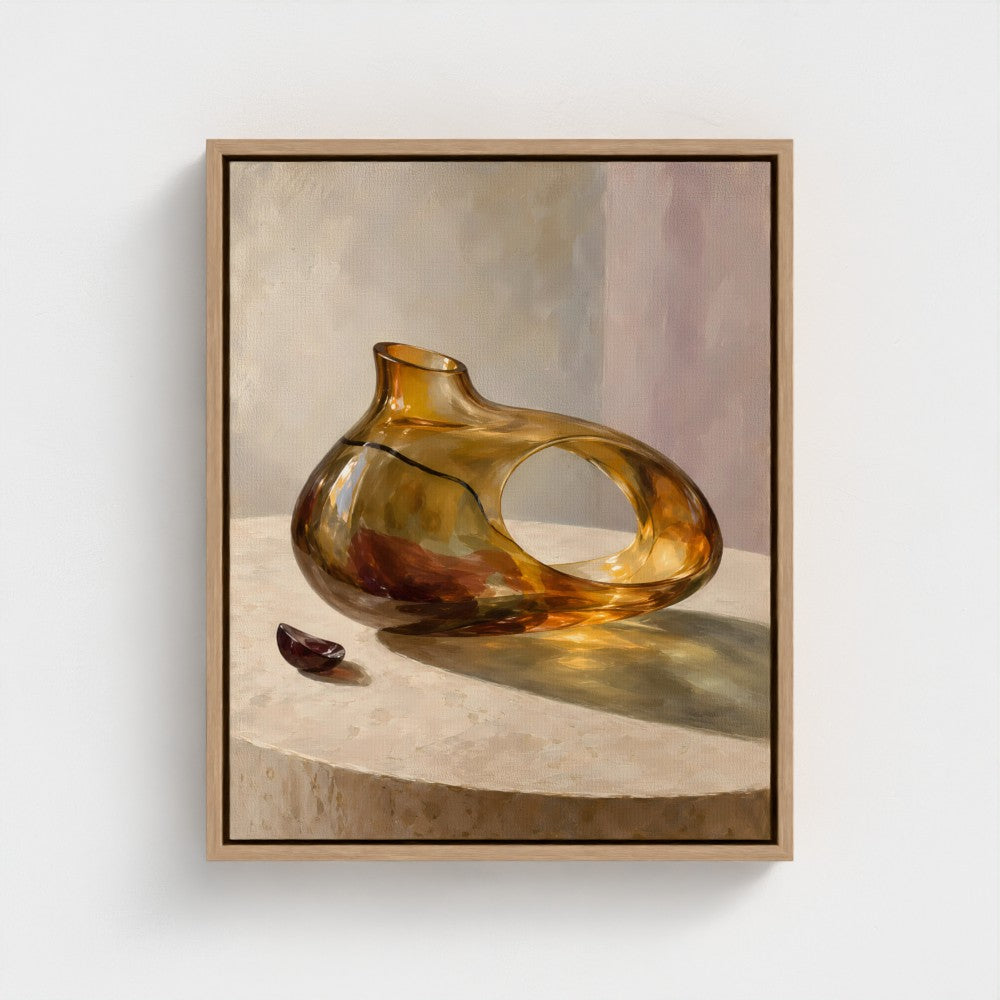 Amber Vessel of Absence — Natural wood float-framed canvas preview, representative 16 × 20 in size