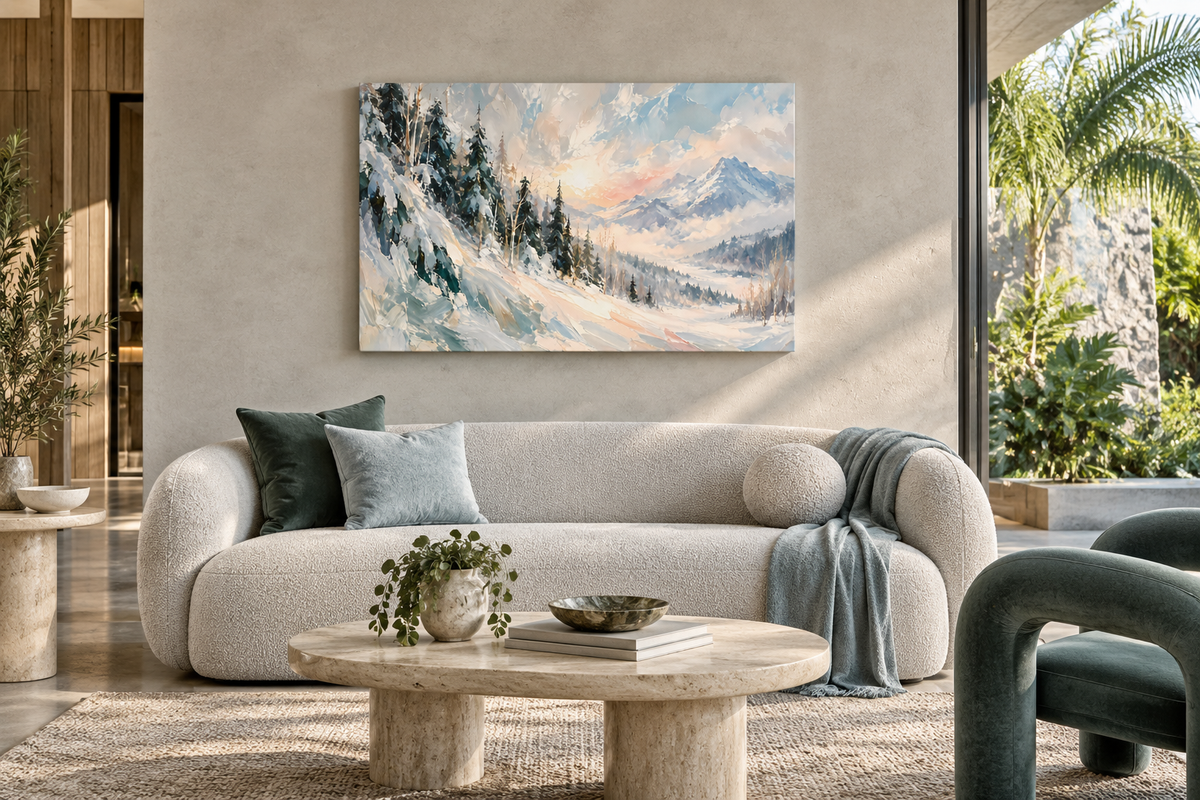 Carpathian Winter I — styled room visualisation of the 36 × 24 inch stretched canvas in a contemporary timber and concrete interior; furnishings not included.