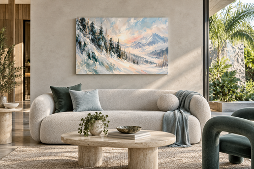 Carpathian Winter I — styled room visualisation of the 36 × 24 inch stretched canvas in a contemporary timber and concrete interior; furnishings not included.