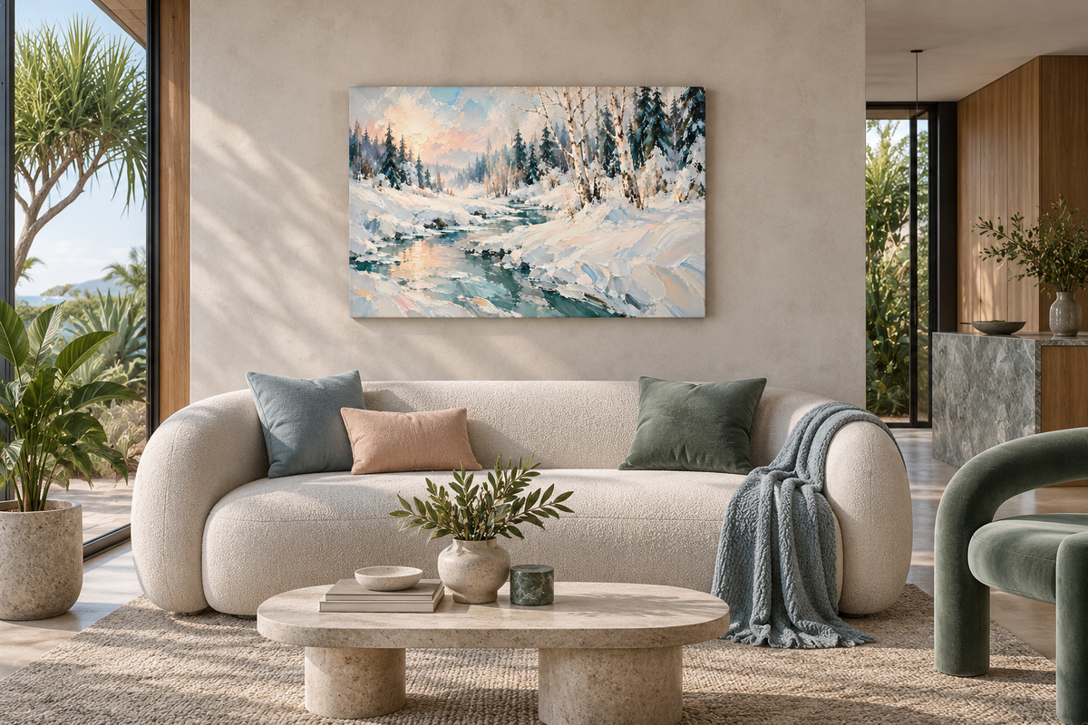 Carpathian Winter II — styled room visualisation of the 36 × 24 inch stretched canvas in a contemporary timber and concrete interior; furnishings not included.