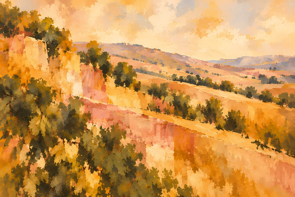 Golden Périgord I artwork detail — ochre landscape and stone wall; artwork only, not a finished canvas preview