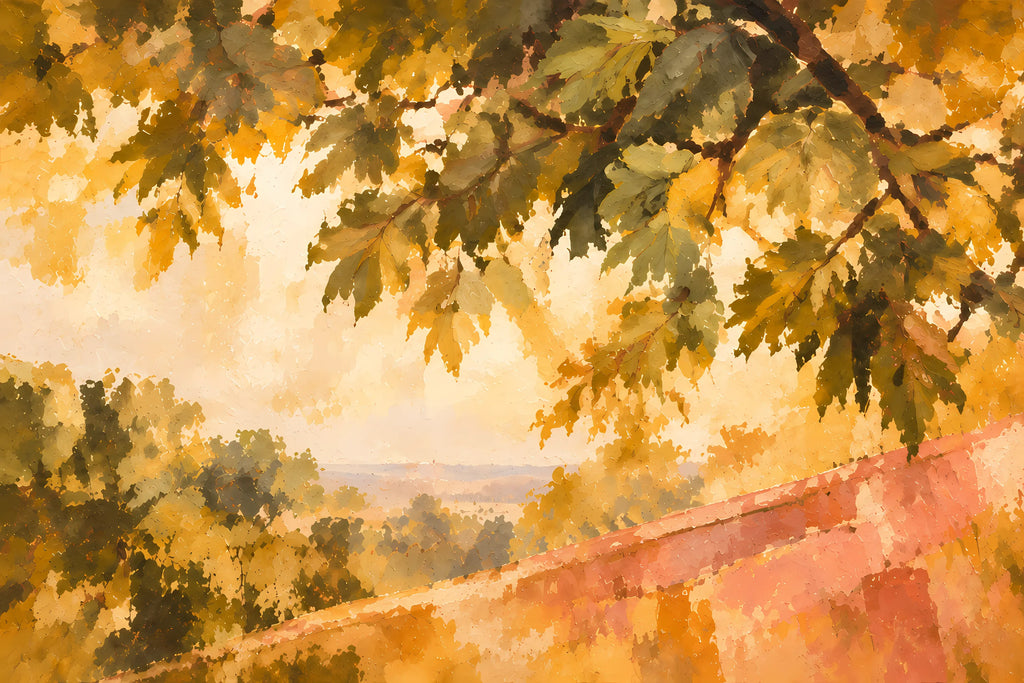 Golden Périgord II artwork detail — golden foliage, distant fields and stone wall; artwork only, not a finished canvas preview