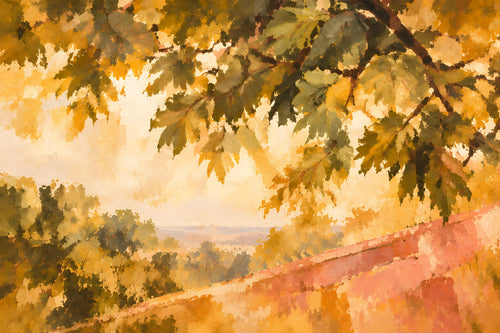 Golden Périgord II artwork detail — golden foliage, distant fields and stone wall; artwork only, not a finished canvas preview