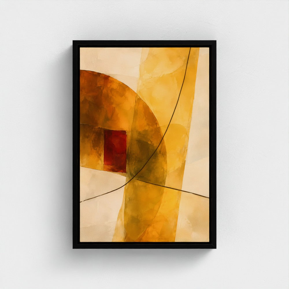 Honeyed Light in Amber Planes — Black float-framed canvas preview, 12 × 18 in representative size.
