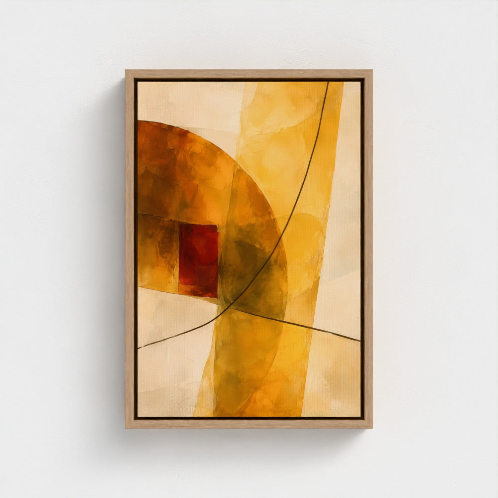 Honeyed Light in Amber Planes — Natural float-framed canvas preview, 12 × 18 in representative size.