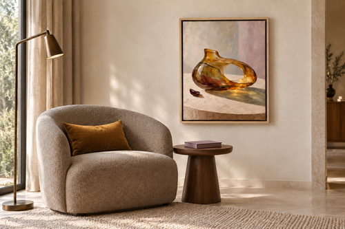 Amber Vessel of Absence in a Natural float frame with amber velvet and dusty-plum linen. Room scale: 40.6 × 50.8 cm artwork (16 × 20 in). A styled room visualisation; furnishings not included.