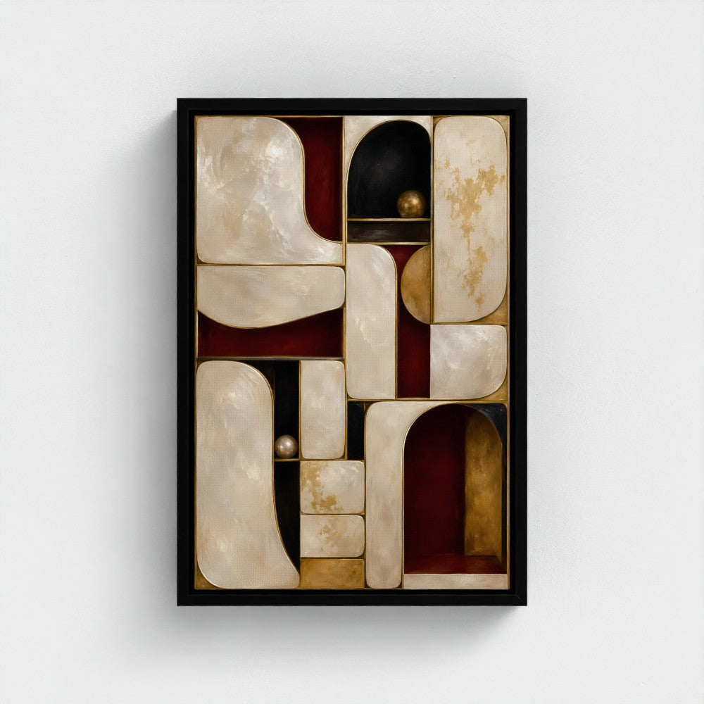 Atelier — Pearl & Oxblood, Black float-framed canvas, portrait 12 × 18 inches; product preview.