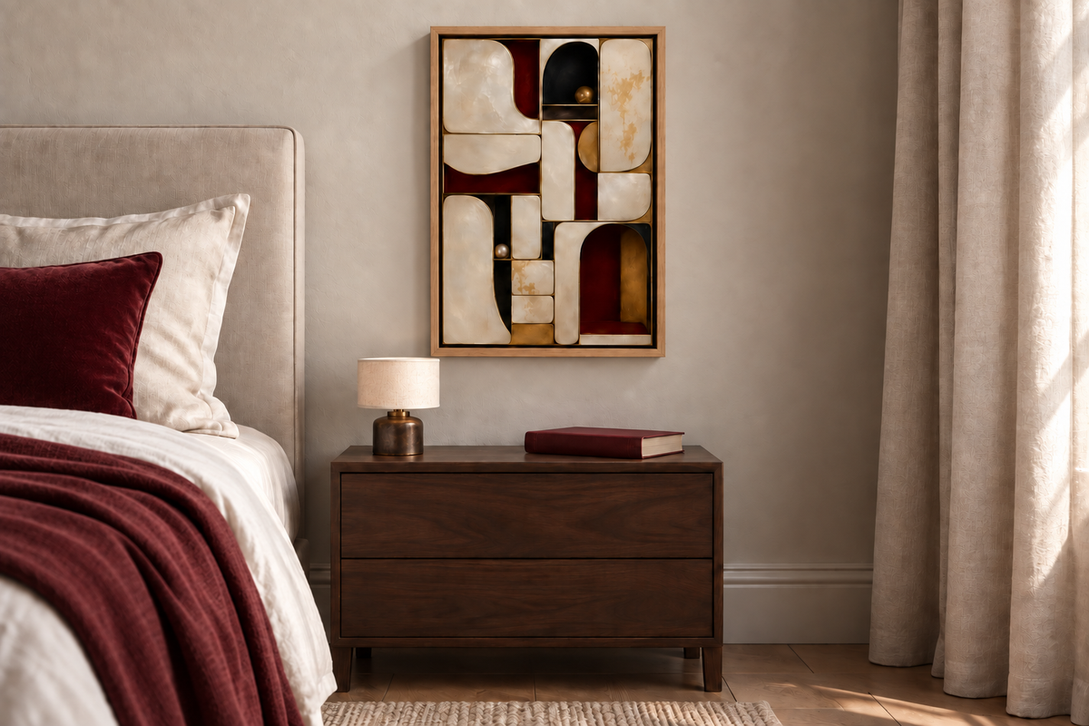 Atelier — Pearl & Oxblood in a Natural float frame with oxblood velvet and burgundy linen. Room scale: 30.5 × 45.7 cm artwork (12 × 18 in). A styled room visualisation; furnishings not included.