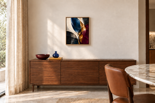 Aurelia in a Natural float frame with oxblood ceramic, cobalt glass and ochre linen. Room scale: 40.6 × 50.8 cm artwork (16 × 20 in). A styled room visualisation; furnishings not included.