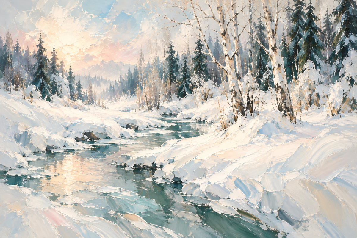 Carpathian Winter II: A clear stream winds between snow-covered birches and dark firs, with soft peach light warming the winter scene.