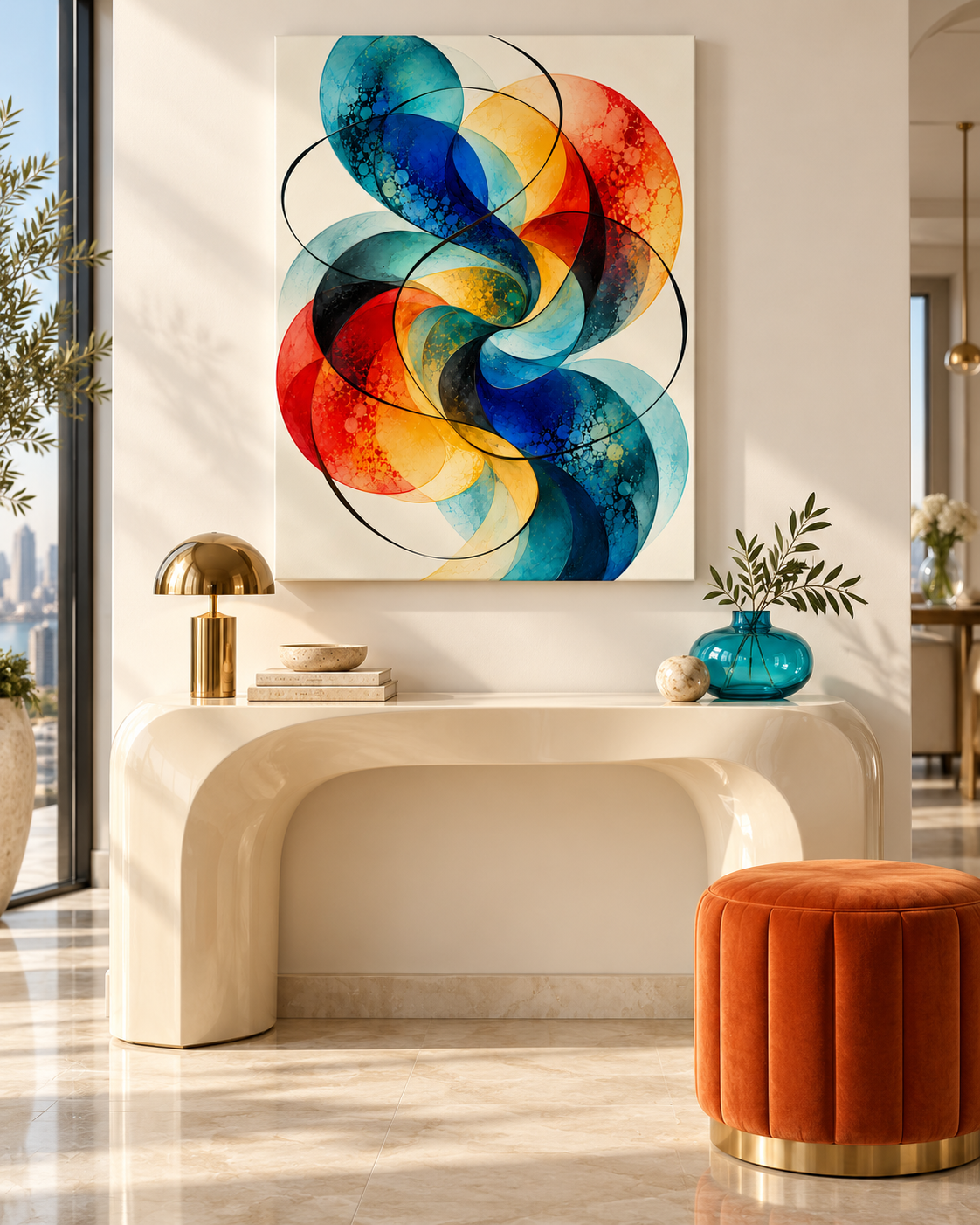 Chromatic Study 04 as a 24 × 30 inch stretched canvas above an ivory lacquer console with turquoise glass and brass accents. Styled room visualisation.