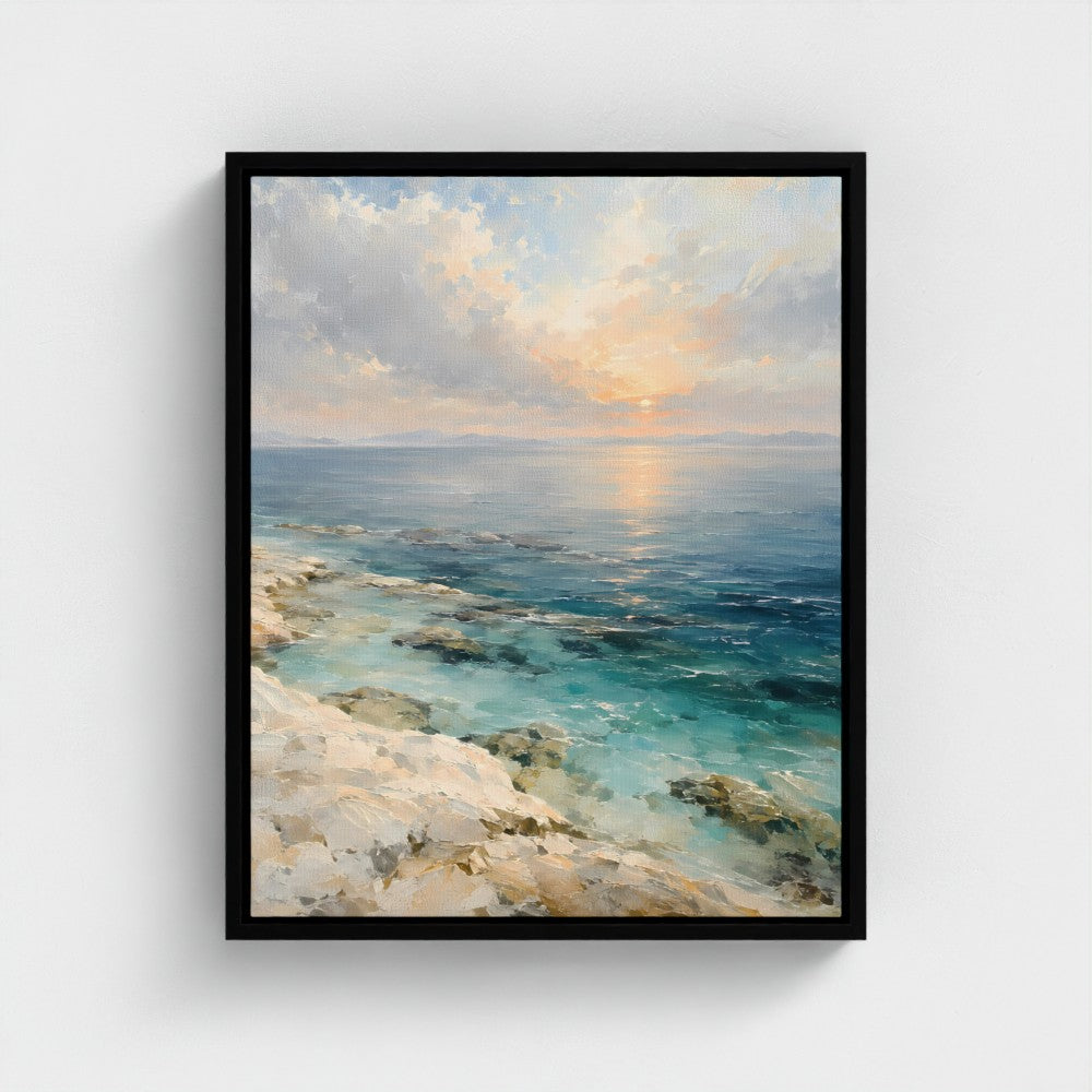 Coastal Light — Black float-framed canvas, 16 × 20 in; genuine Prodigi product preview.