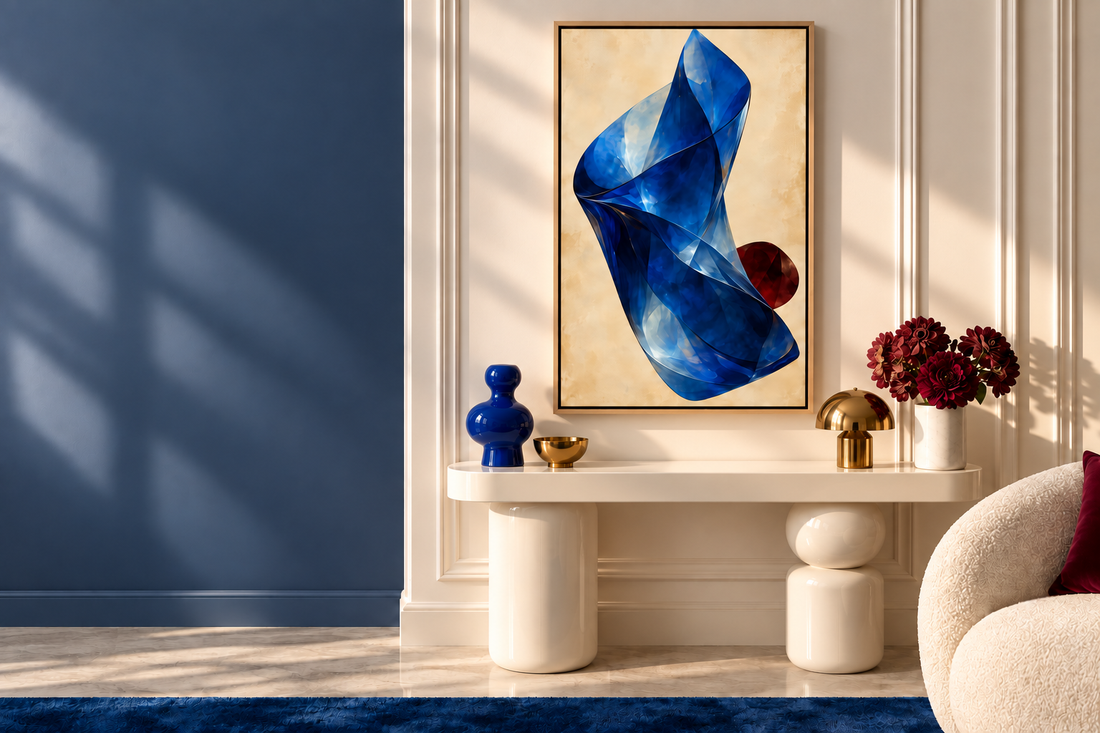Cobalt Fold in a Natural float frame, 24 × 36 inch artwork, above a low ivory lacquer console with sapphire and brass accents. Styled room visualisation.