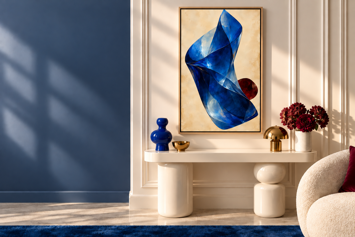 Cobalt Fold in a Natural float frame, 24 × 36 inch artwork, above a low ivory lacquer console with sapphire and brass accents. Styled room visualisation.