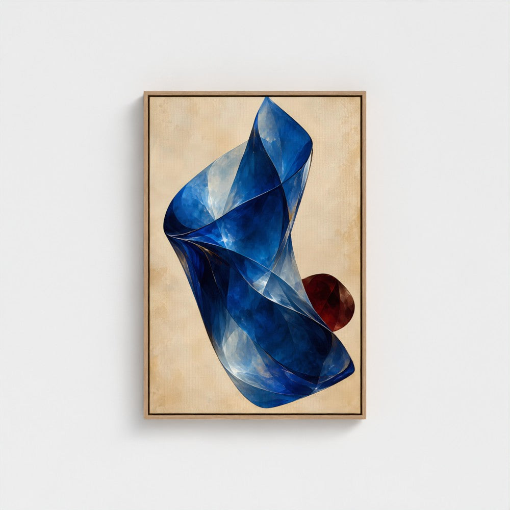 Cobalt Fold — Natural float-framed canvas, 24 × 36 inches. Product finish preview.