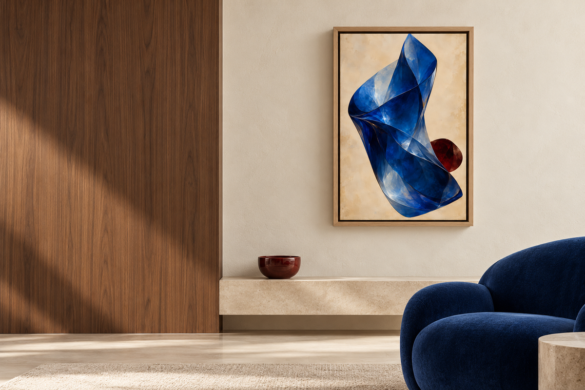 Cobalt Fold in a Natural float frame in a walnut salon with sapphire velvet and oxblood accents; 16 × 24 in artwork, styled room visualisation.