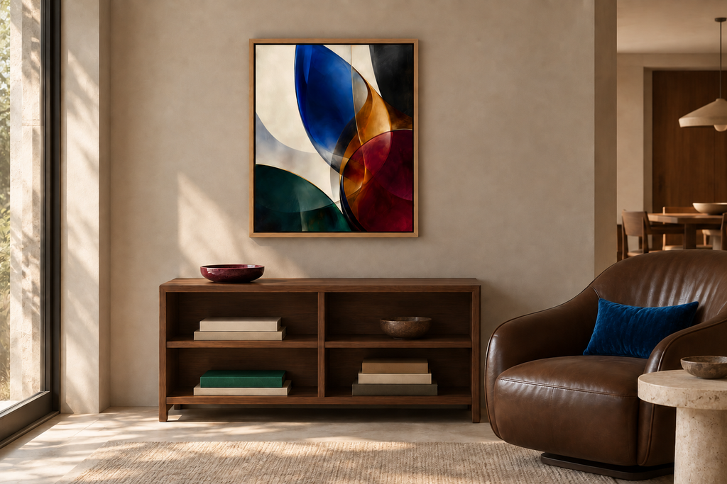 Cobalt in a Natural float frame with sapphire velvet, oxblood ceramic and emerald accents. Room scale: 40.6 × 50.8 cm artwork (16 × 20 in). A styled room visualisation; furnishings not included.