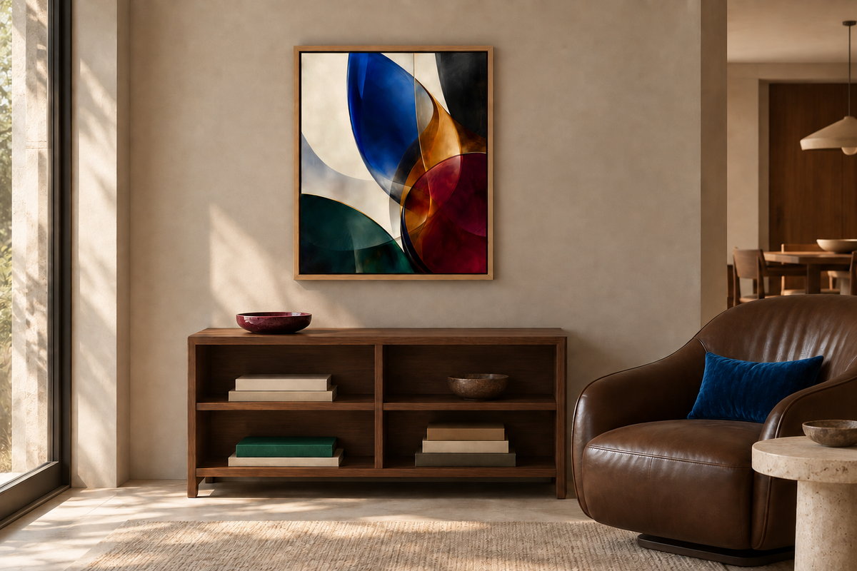 Cobalt in a Natural float frame with sapphire velvet, oxblood ceramic and emerald accents. Room scale: 40.6 × 50.8 cm artwork (16 × 20 in). A styled room visualisation; furnishings not included.