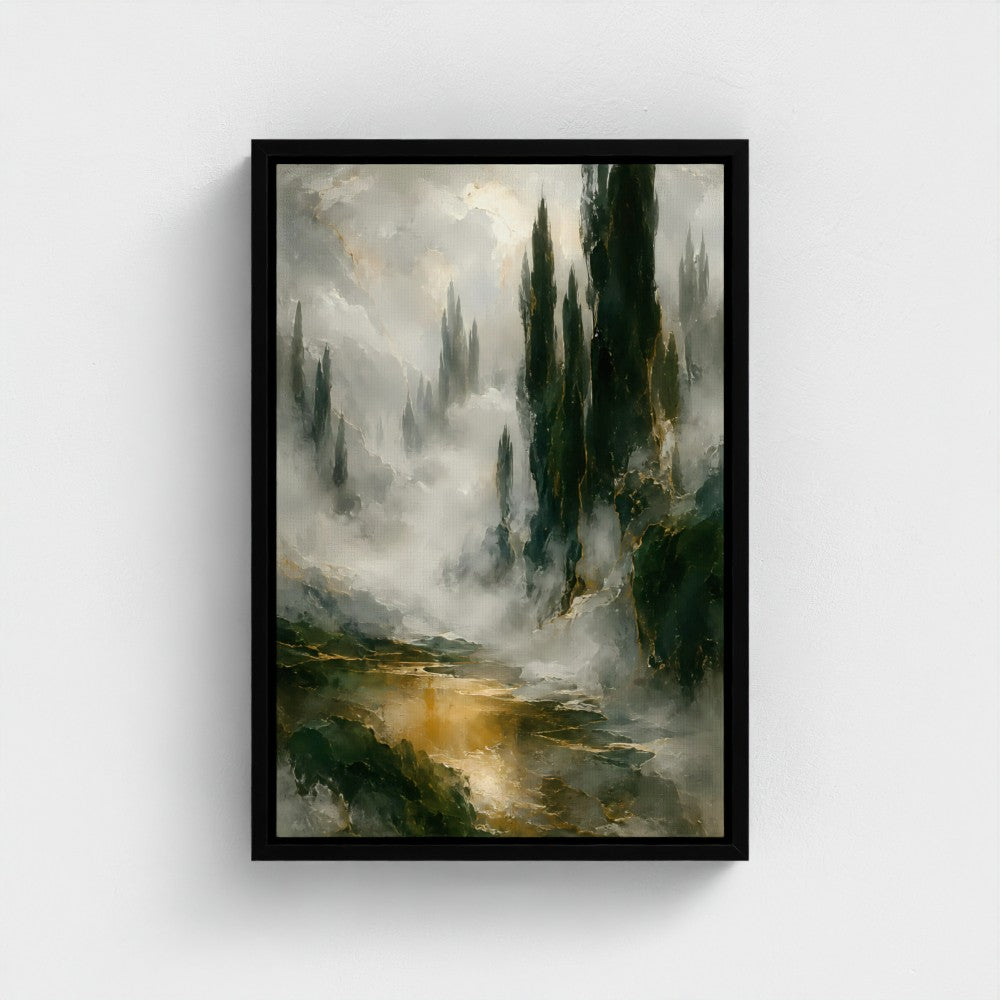 Cypress Mist, 12 × 18 inch portrait landscape artwork in a black float frame; genuine Prodigi product preview.