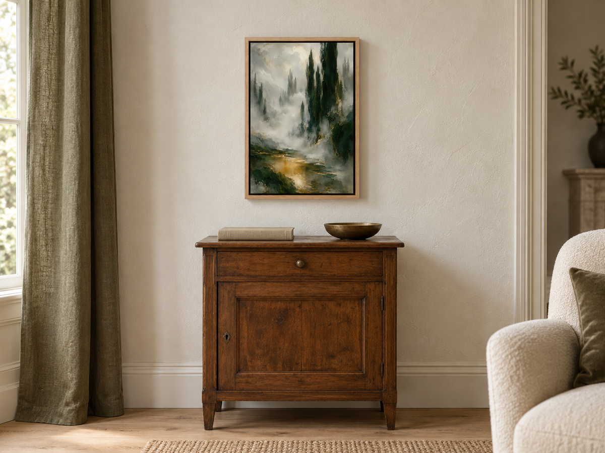 Cypress Mist in a natural float frame above a walnut cabinet, with olive linen and timber flooring. Room scale: 30.5 × 45.7 cm artwork (12 × 18 in). A styled room visualisation; furnishings not included.